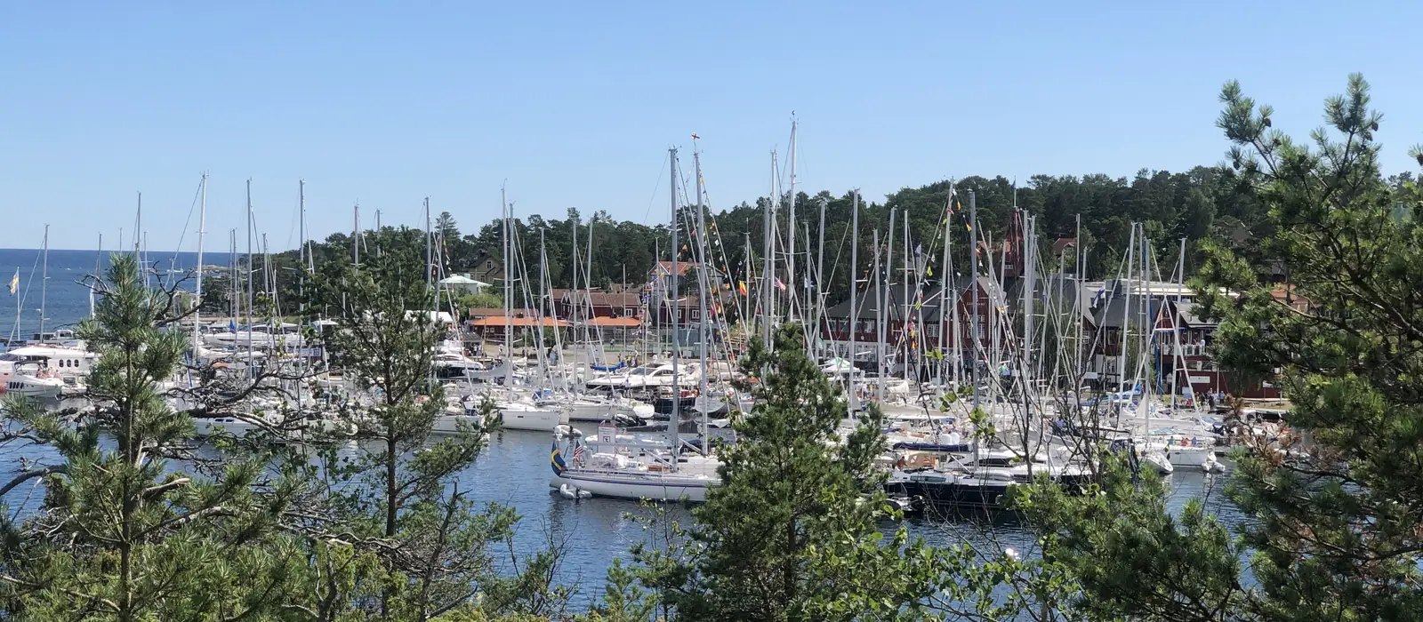Sandhamns hamn full av segelbåtar, sedd från berget ovanför